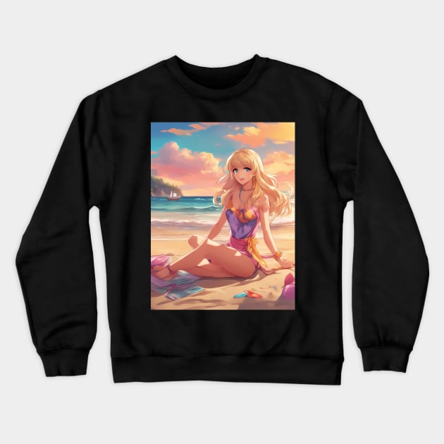 Otaku Approved Beach Anime Girl Collor View Crewneck Sweatshirt by animegirlnft